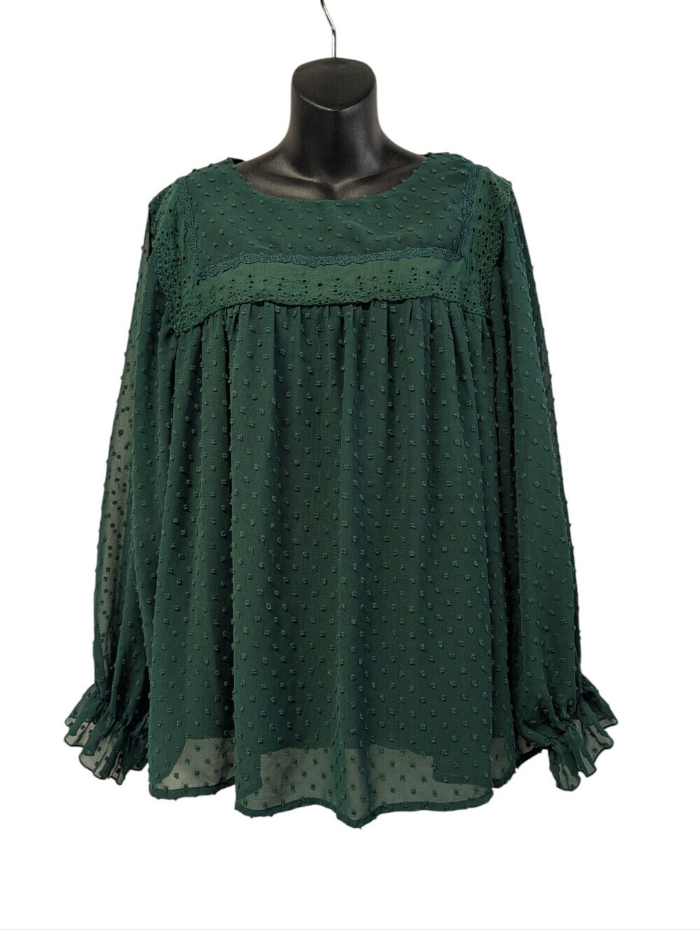 Amkoyam Swiss Dot Crochet Eyelet Lace Trim Blouse Long Ruffle Sleeve Green Sz XL